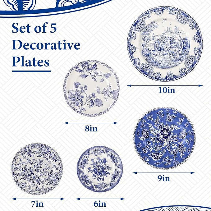 5 Pcs Coastal Vintage Ceramic Wall Plates Set, Blue and White Decoration Hanging Plates with Botanical Patterns, Holland Vintage Gifts for Wall, Home Office Art Ornament(Flowers)
