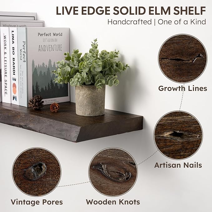 Live Edge Floating Shelf, 40 Inch Rustic Solid Elm Wood - Walnut Brown Finish with Invisible Brackets, Wall Mounted for Living Room, Kitchen, Bathroom