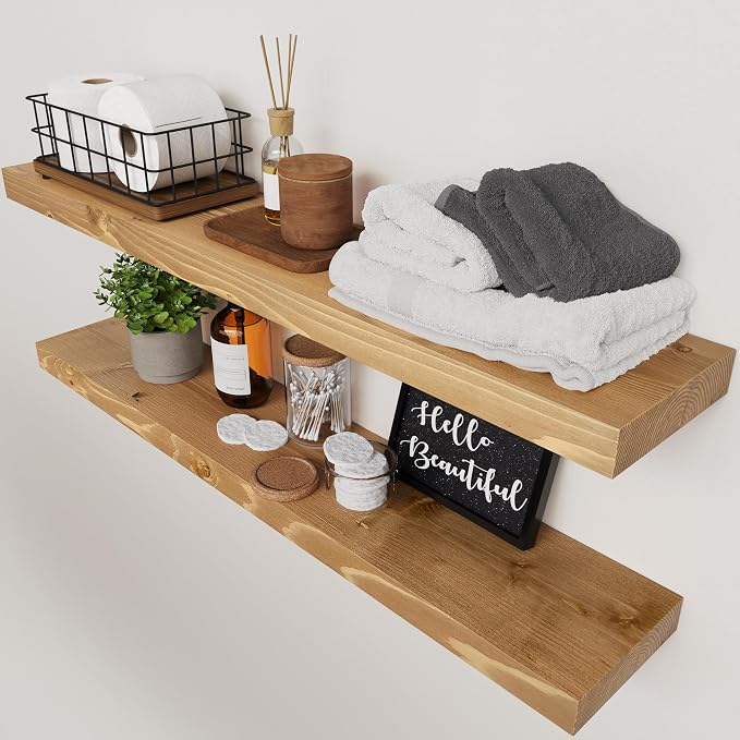 Natural Wood Floating Shelves for Wall 36 Inches Long, Oak Wooden Shelf | Solid Wood, Heavy Duty 36 Inch, Large Wall Shelf for Bathroom Bedroom Kitchen, Farmhouse, Oak Finish, 36W × 6.7D, Set of 2
