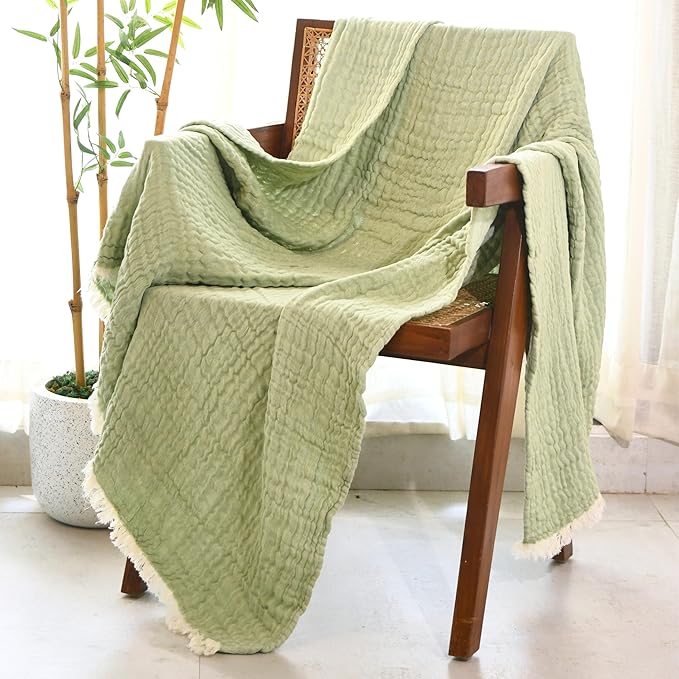 Folkulture 100% Cotton Boho Throw Blanket, 50" X 60", Green and Sage Green