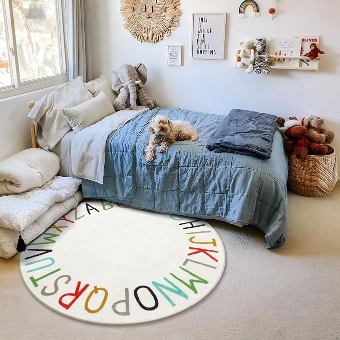 Topotdor Rainbow Round Kids Play Rug Alphabet Nursery Area Rug Extra Large Soft Crawling Play Mat for Children Toddlers Bedroom (96 inch, Multi Color)