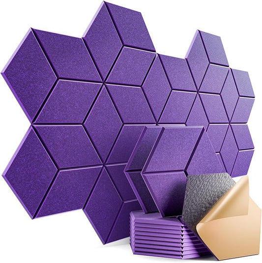12 Pack Self-Adhesive Acoustic Panels 12" X 10" X 0.4" - Sound Proof Foam Panels with High Density, Y-Lined Design, Flame Resistant, Absorb Noise and Eliminate Echoes(Purple)