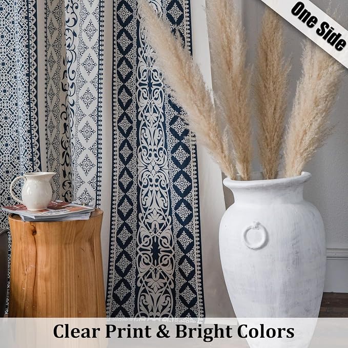 VOGOL Blue Boho Curtains for Living Room, Not See Through Geo Print Decorative Drapes for Kitchen Window, 1 Panel Linen Textured Rod Pocket Curtain for Bedroom, 28 x 84 Inches