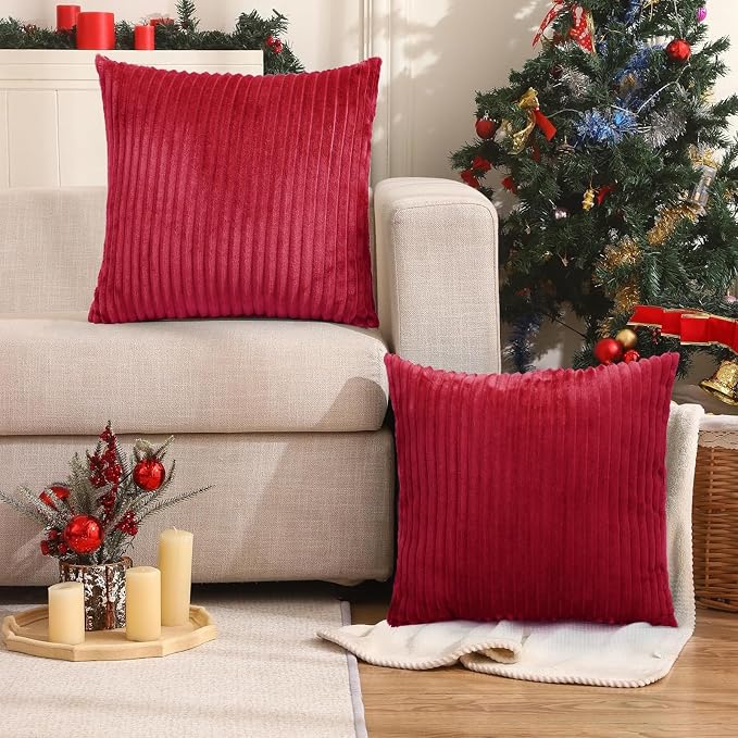Simmore Decorative Fall Throw Pillow Covers 22x22 Set of 2, Soft Natural Plush Flannel Double-Sided Fluffy Couch Euro Sham Pillow Covers for Sofa Living Room, Red