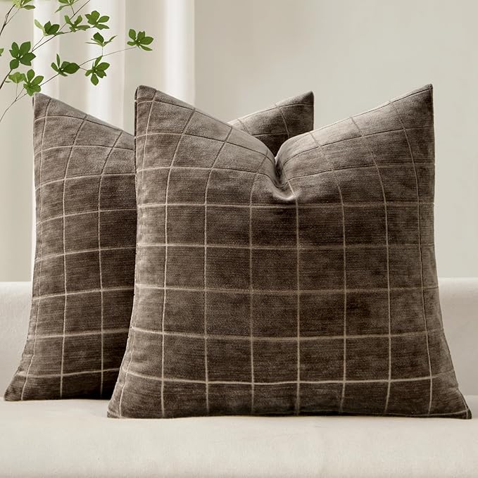 MIULEE Brown Plaid Decorative Fall Throw Pillow Covers 18x18 Set of 2 | Vintage Check Chenille Couch Pillows Boho Farmhouse Cushion Covers Modern Fall Home Decor for Sofa Bed Living Room