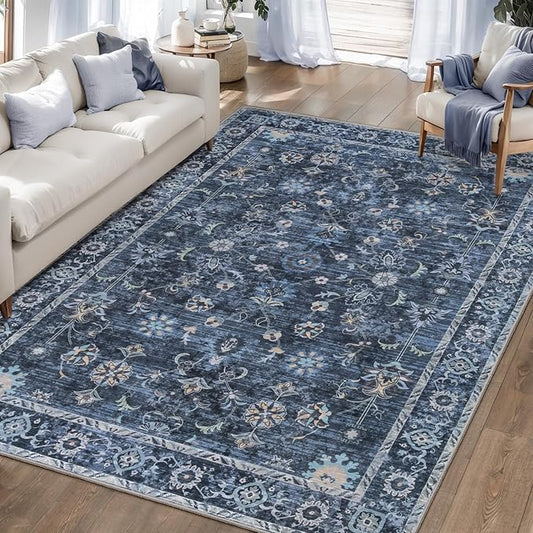 Tangsoo 6x8 Large Area Rug for Living Room, Non Slip Machine Washable Rug for Bedroom, Boho Distressed Vintage Blue Floral Rugs, Soft Low Pile Floor Carpet for Dining Room Office Kitchen Farmhouse