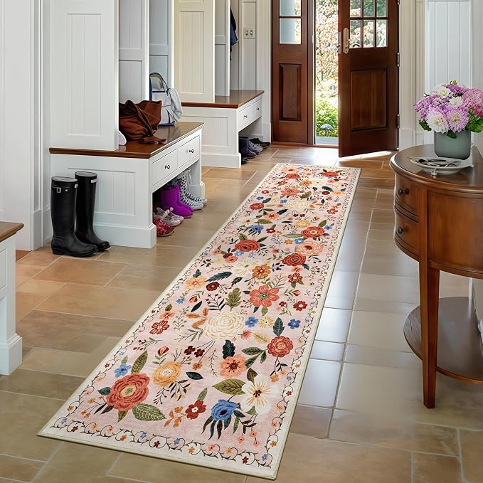 2.6x8 Machine Washable Runner Rug, Kitchen Hallway Area Rug Beige Pink Vintage Boho Floral Ultra Non-Slip Low Pile Soft Faux Wool Carpet Kids and Pets Friendly for Bedroom Entryway Nursery Decor Rug