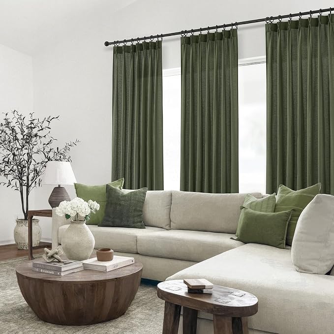 Topfinel Olive Green Pinch Pleated Curtains 105 Inch Length 1 Panels for Bedroom Living Room Textured Semi Sheer Window Curtain Boho Neutral Back Tab Pinch Pleat Drape with Hooks 105 Inches Long