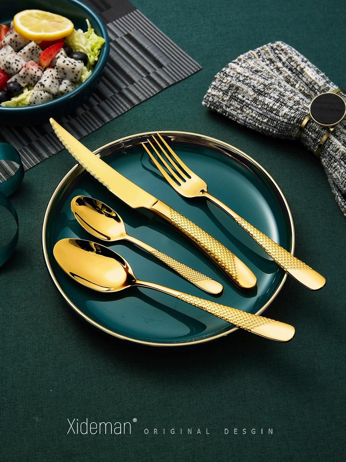 16-Piece Luxury Gold Hammered Silverware Set with Ultra Sharp 2-IN-1 Serrated Knife, 18/10 Stainless Steel Flatware Set, Tableware Cutlery Set for 4, Forks Spoons Knives Set