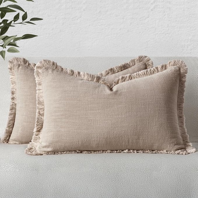 MIULEE Decorative Lumbar Throw Pillow Covers Neutral Linen Fringe Throw Pillows Set of 2 Natural Linen Boho Farmhouse Cushion Covers for Couch Sofa Bed Living Room Spring Home Decor 12x20 Inch