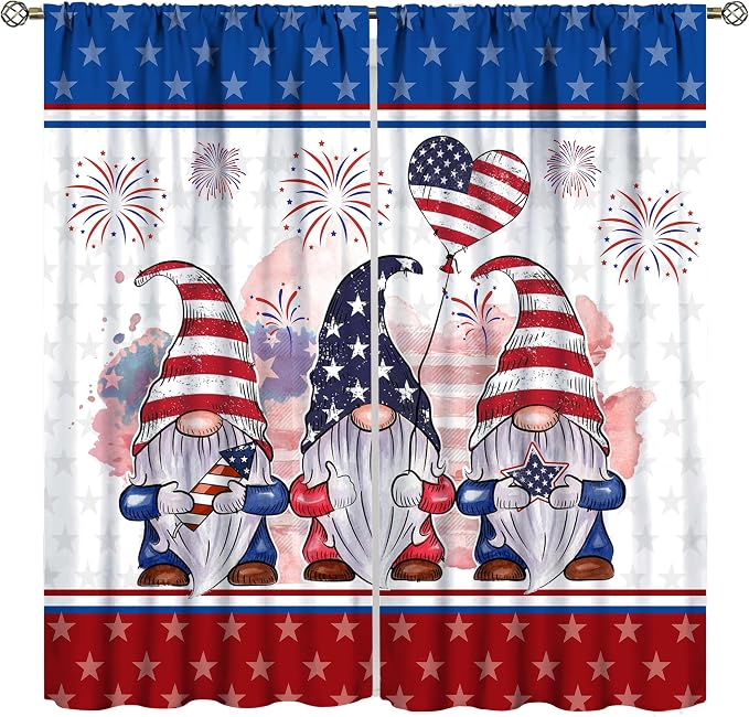 4th of July Curtain,Patriotic Independence Day Cute Gnome Print Drapes for Bedroom Living Room Kitchen Window Treatment 2 Panels Set Total Size 42" W X 54" L Inch