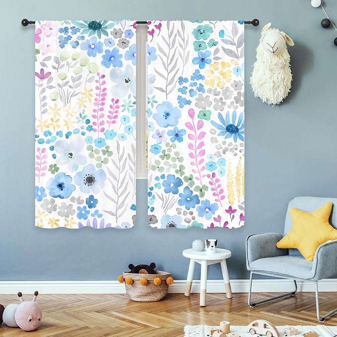 Riyidecor Blue Grey Floral Curtains Cute Boho Wildflower Trendy Watercolor Plant Leaves Botanical Rod Pocket Modern Elegant Aesthetic Kids Bedroom Living Room Treatment Fabric 2 Panels 42Wx63H Inch
