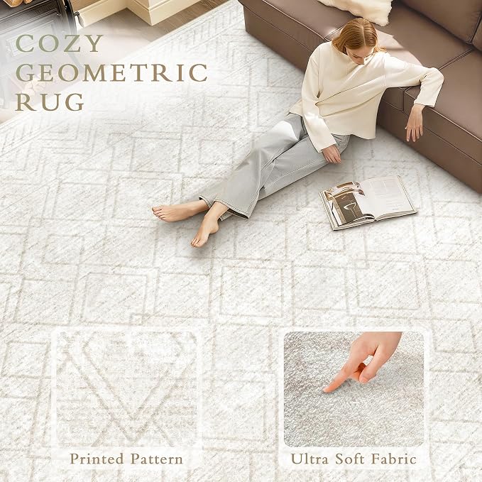 Area Rugs 9x12 Living Room Rug: Washable Geometric Moroccan Neutral Rugs Boho Modern Non Slip Area Rug Large Soft Indoor Floor Low Pile Carpet for Bedroom Dining Room Home Office (Beige, 9'x12')