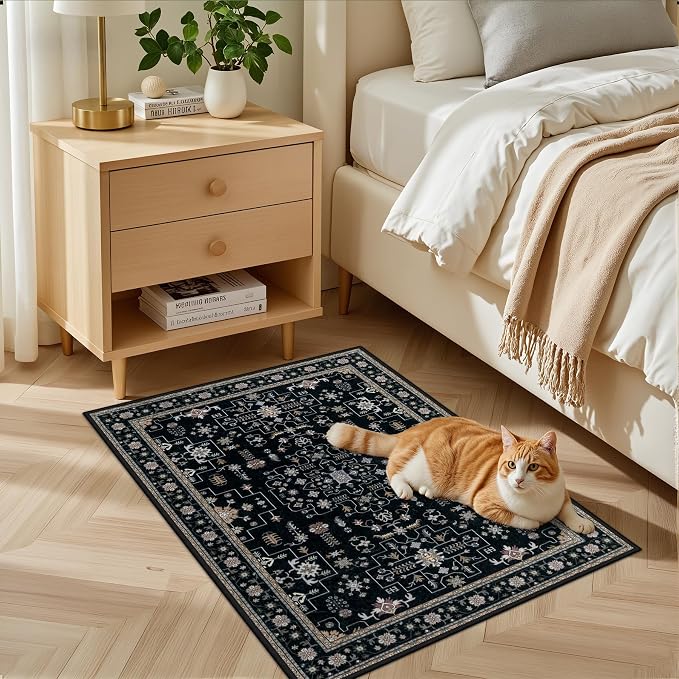 2x3 Area Rugs Living Room Rug: Washable Vintage Boho Medallion Rug No Slip Stain Resistant Soft Carpet Indoor Floor Large Carpets for Bedroom Dining Room Farmhouse Nursery Hallway Home Office Black