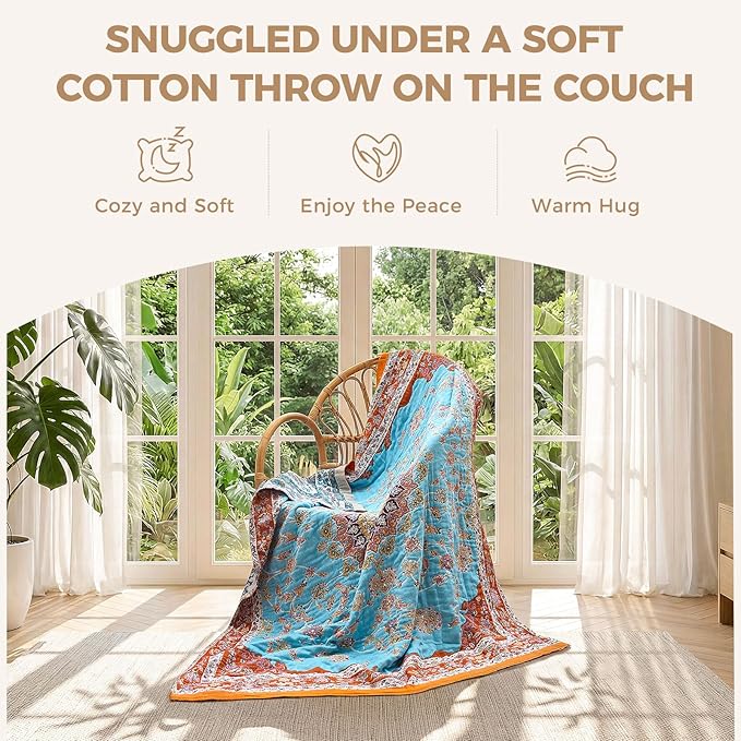 LUTBM Boho Throw Blanket for Couch Sofa Chair Cotton Spring Blankets for Bedroom Living Room All Season Lightweight Reversible Floral Embroidery Decorative Throws 50"x60"