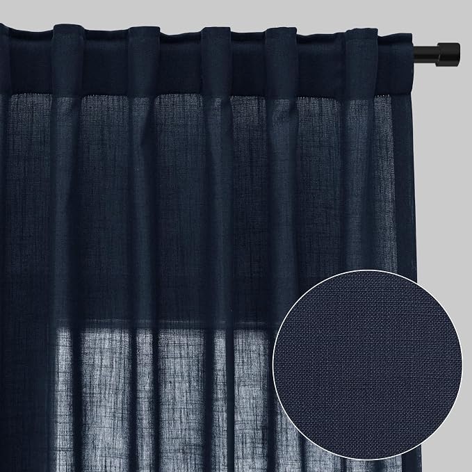 Aersas Navy Linen Curtains 120 Inches Long for Bedroom 2 Panels Back Tab Pocket Drapes Light Filtering Semi Sheer Privacy Dark Blue Curtains for Living Room 52x120