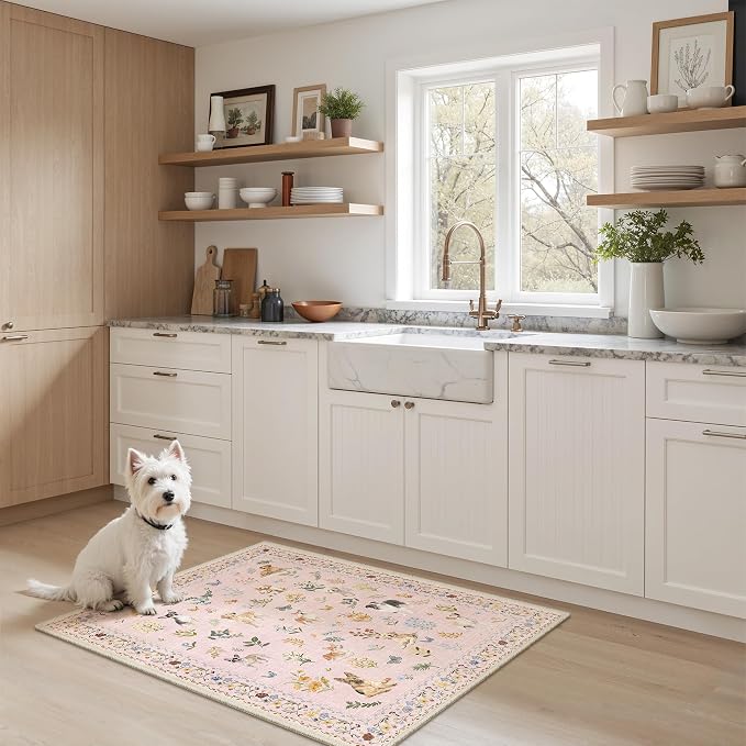 Soalmost 2x3 Dog Rugs for Entryway, Machine Washable Door Mat Animal Floral Small Area Rug Non-Slip Low Pile Soft Throw Rugs for Entrance Kitchen Indoor Front Door Kids Room (2 x 3,Pink)