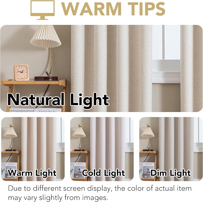 H.VERSAILTEX Linen Curtains 100% Blackout Curtains for Bedroom 90 inch Long Full Light Blocking Nature Linen Blended Window Curtains for Living Room Nickel Grommet (2 Panels, Heathered Natural)