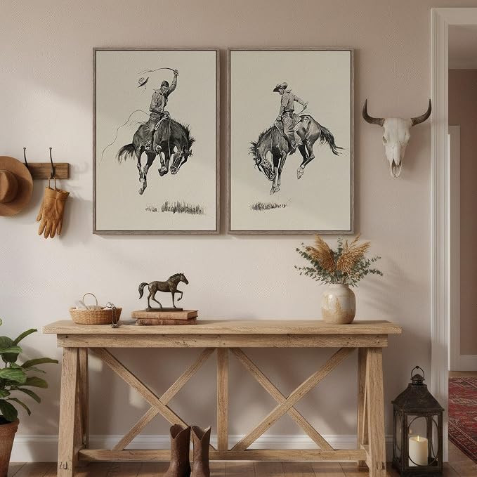 Framed Large Western Cowboy Wall Art for Living Room, 2 Piece Vintage Farmhouse Canvas Prints Paintings, Sketch Style Southwestern Country Picture Artwork for Bedroom Hallways Wall Decor, 16x24 Inch
