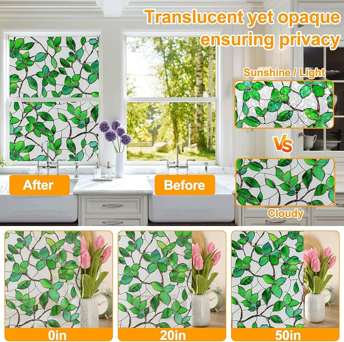 Window Privacy Film Stained Glass Window Film Frosted Window Film Window clings Non-Adhesive Reusable Decorative for Home Removable (Green Frosted, 17.5 X 78.7 in)