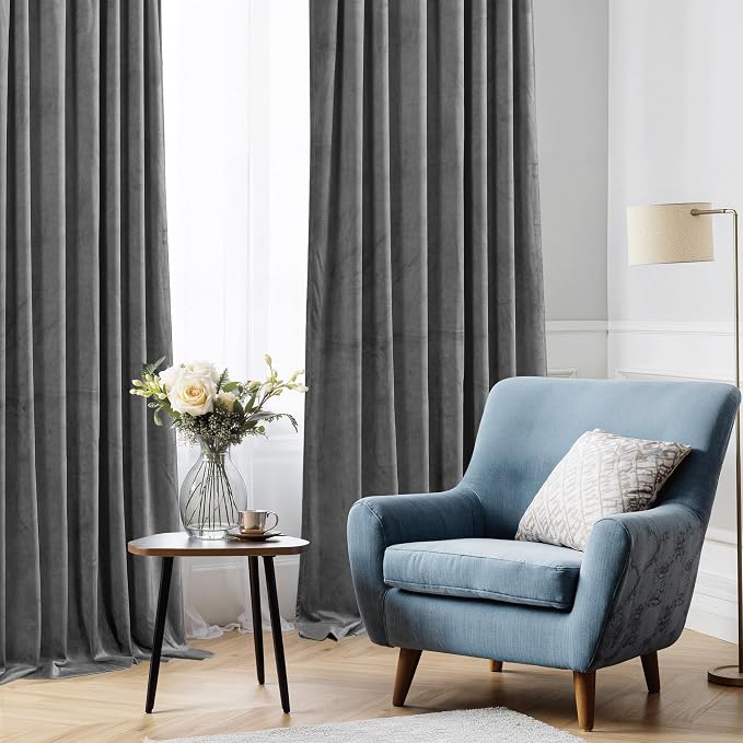 StangH Grey Velvet Curtains 108 inches Long Dual Rod Pocket, 2 Panels | 300GSM Soft Velvet, Room Darkening, Thermal Insulated, Privacy Protect, Noise Absorb, Bedroom, Living Dining Room