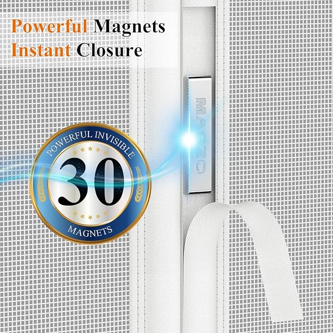 MAGZO Magnetic Screen Door, Fits 34'' x 82'' Door(Mesh Size 36'' x 83''), Left Right Side Opening, Scratch-Proof Polyester, Pet&Kids Friendly, Keep Annoying Creatures Out, with Keep Open Straps, White