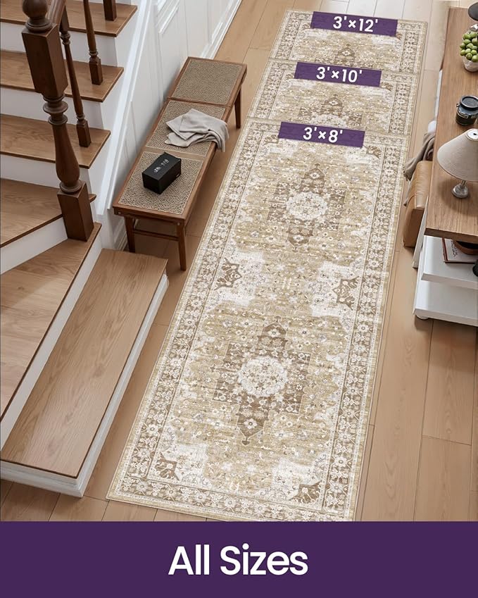 DEXI Hallway Washable Runner Rug 3x12, Vintage Soft Thin Kitchen Runner with Non Slip Backing, Farmhouse Entryway Floor Rug, Stain Resistant Distressed Carpet for Bedroom Living Room, Beige