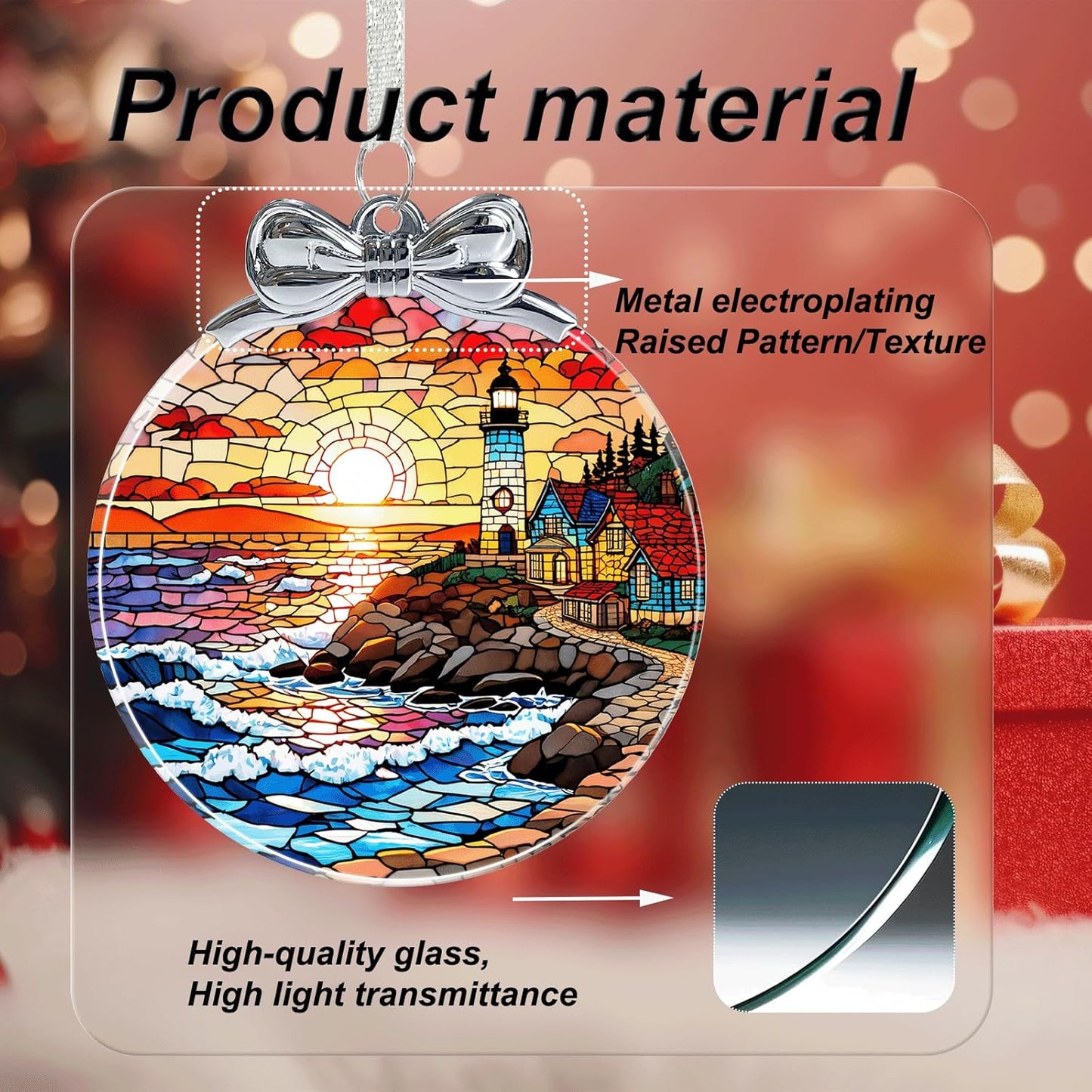 Lighthouse Stained Glass Christmas Ornament - Hanging Ornaments for Christmas Tree Decorations -Holiday Keepsake Present Exchange Idea