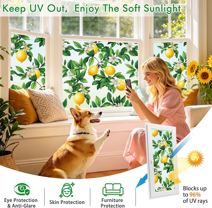 SOMWISE Frosted Glass Window Privacy Film with Tools, Heat Blocking, Anti-UV, Anti-Glare, Static Cling, Decor for Home Bathroom Door, Renter Friendly, Removable, Reusable, Yellow 17.5Inchx78.5Inch