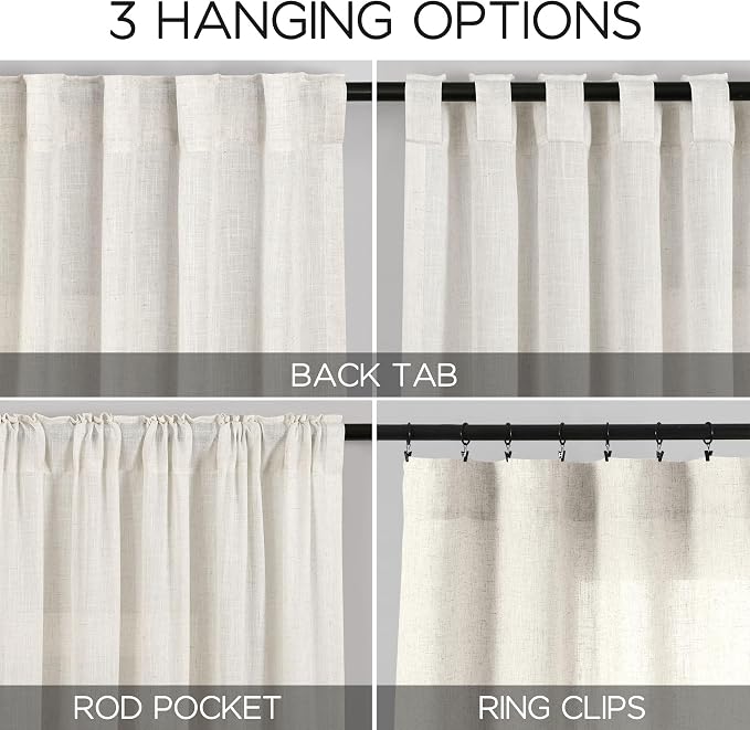 Linen Sheer Curtains 108 Inches Long Back Tab Rod Pocket 2 Panels Cream Semi Sheer Extra Long Curtains Light Filtering Modern Boho Drapes for Living Room Luxury Floor Length Curtain 9Ft 40x108