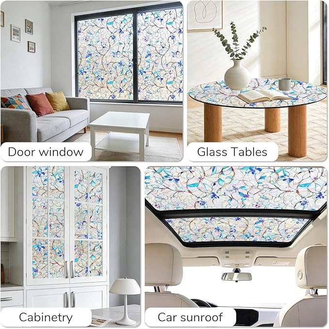 NINETREX Window Privacy Film, Rainbow Stained Glass Window Film, Static Cling Heat Control UV Blocking, Decorative for Home, Bathroom, Glass Door and Car, Renter-Friendly, Blue 35.4 x 157.4 inches