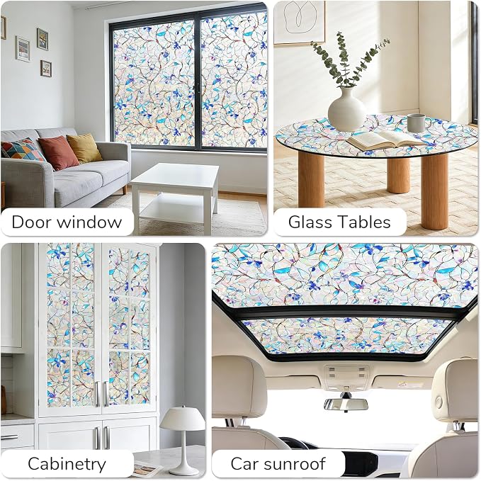 NINETREX Window Privacy Film, Rainbow Stained Glass Window Film, Static Cling Heat Control UV Blocking, Decorative for Home, Bathroom, Glass Door and Car, Renter-Friendly, Blue 29.5 x 78.7 inches