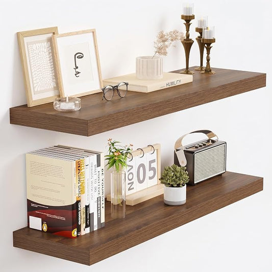 Vivelove Walnut Floating Shelves for wall, 24 Inch Wall Display Shelves with Invisible Brackets, for Bathroom Living Room Kitchen Bedroom Office Farmhouse Home Decor, 24X9.3X1.5 - Set of 2, Walnut