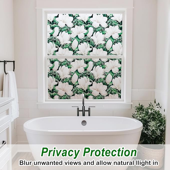 SOMWISE Frosted Glass Window Privacy Film with Tools, Heat Blocking, Anti-UV, Anti-Glare, Static Cling, Decor for Home Bathroom Door, Renter Friendly, Removable, Reusable, Green 45Inchx78.5Inch