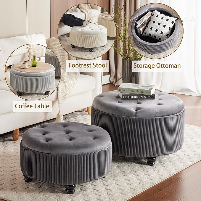 29&24.5inch Large Round Storage Ottoman Coffee Table Set of 2 Modern Button Storage Coffee Table with Removable Lid for Living Room Upholstered Footrest Stool for Bedroom (Large-Grey)