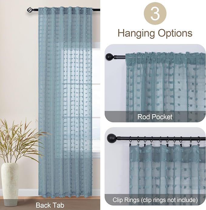 Dusty Blue Sheer Curtains for Bedroom 84 Inch Length Pom Pom Design Country Chic Vintage Farmhouse Boho Semi Sheer Curtain for Living Room Girls Boys Kids Room Stone Blue 52 by 84 Inches Long Back Tab