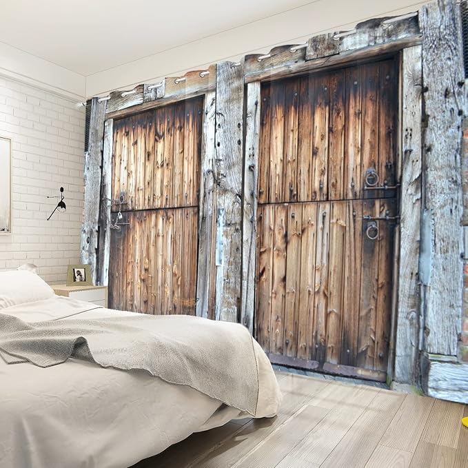 Rustic Barn Door Window Curtains Vintage Dilapidated Wooden Door Window Curtains Window Drapes for Living Room Bedroom Rural Farmhouse Farm Kitchen Window Treatment,53x45 inch,2 Panels