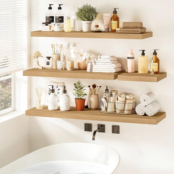 Vivelove 55 Inch Floating Shelves for Wall, 55x9 Display Shelves for Bathroom Living Room Kitchen Bedroom Office Farmhouse Home Decor - Set of 2, Oak