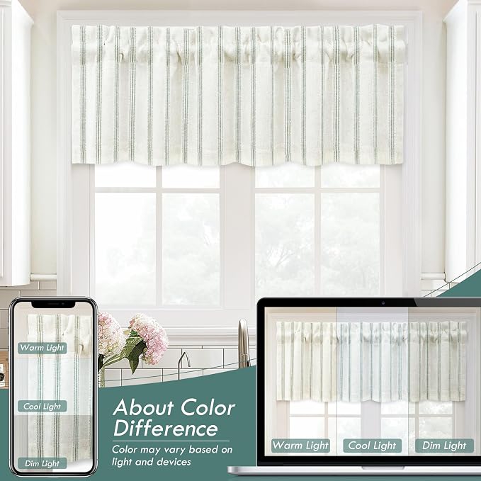 DriftAway Farmhouse Linen Lined Valance Double Layer Thermal Insulated Room Darkening Blackout Window Valances 3 Inch Rod Pocket Vertical Striped Kitchen Valance Single 52 Inch by 24 Inch Loden Green