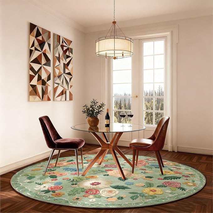 4ft Washable Round Rugs for Bedroom: Circle Living Room Rug Vintage Non Slip Low Pile Soft Faux Wool Non Shedding Small Circular Rug for Kitchen Entryway Bathroom Bedside Office CollegeDorm Kids Room