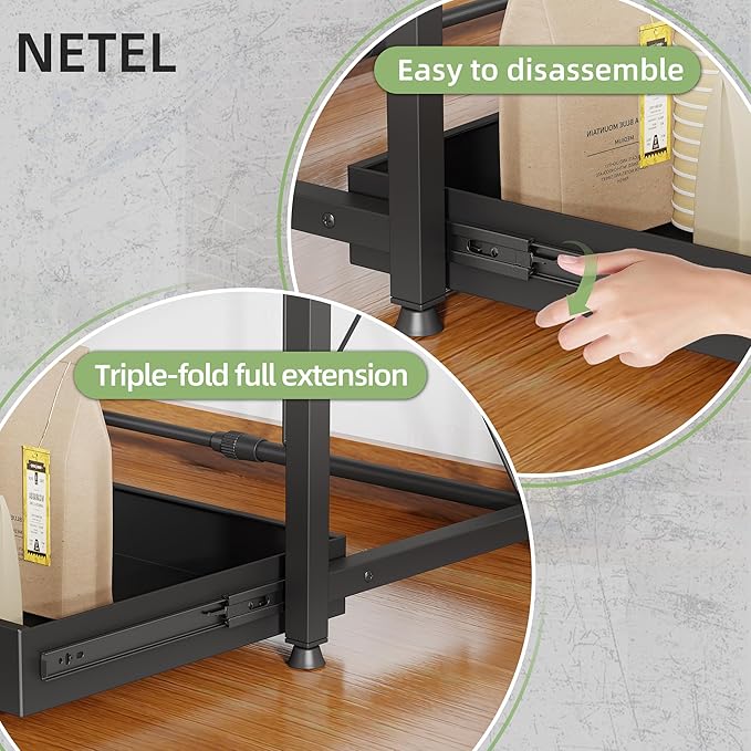 NETEL Expandable Microwave Stand with Storage,2 Tier Kitchen Countertop Organizer Shelves with 8 Hooks,Microwave Shelf with Pull Out Storage Tray and Cup Holders,55lbs Weight Capacity,Black
