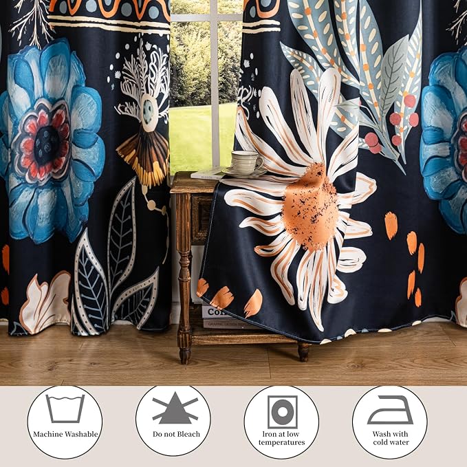 Black Boho Floral 100% Blackout Curtains 84 inch Long 2 Panels Set Vintage Blue Flower Patterned Black Out Curtains Room Darkening Thermal Insulated Window Drapes for Bedroom Living Room 52x84inch