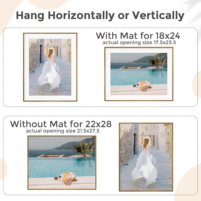 FLYJOE 22x28 Metal Picture Frame For Wall With Mat For 18x24, 22''x28'' Aluminum Photo Frames With Tempered Glass, Minimalist Modern Poster Frame Horizontal And Vertical Formats, Bronze