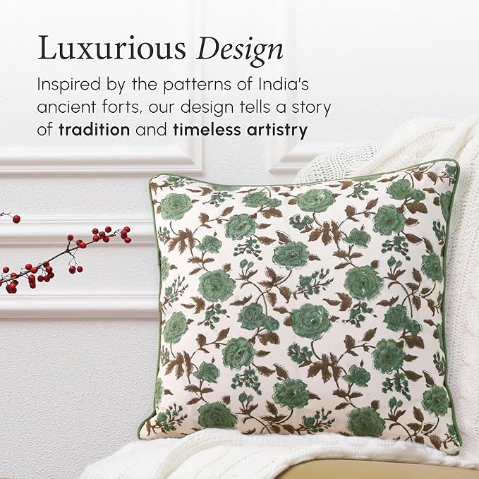 CPC 100% Cotton Throw Pillow Covers 18x18 Inch, Set of 2 Green Block Print Pattern Couch Pillow, Cute Boho Decorative Pillows for Living Room, Bedroom with Hidden Zipper- Moss Green