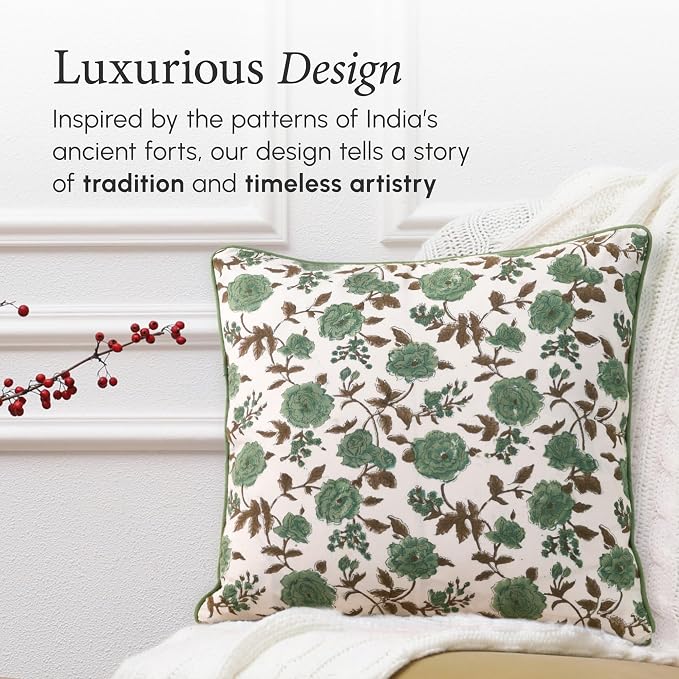 CPC 100% Cotton Throw Pillow Covers 20x20 Inch, Set of 2 Green Block Print Pattern Couch Pillow, Cute Boho Decorative Pillows for Living Room, Bedroom with Hidden Zipper- Moss Green