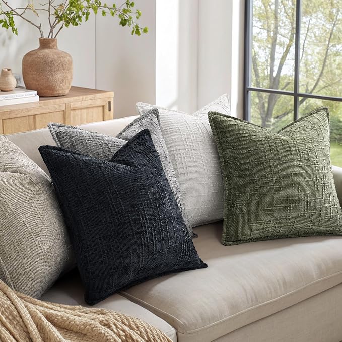 decorUhome Chenille Throw Pillow Covers 26x26 Set of 2, Thick Textured Slubby Neutral Decorative Pillow Covers with Elegant Design for Couch, Sofa, Living Room, Midnight Blue