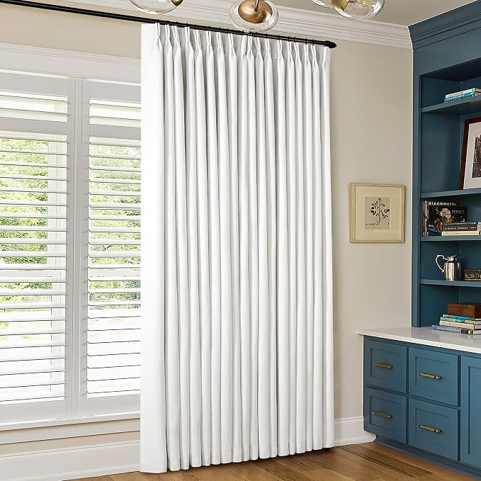 Extra Wide 60 Inch Width Blackout Curtains 92 Inches Long for Bedroom Living Room Darkening Linen Pinch Pleated Office Thermal Insulated Ceiling Track Window Sliding Door Drapes Beige White 1 Panel