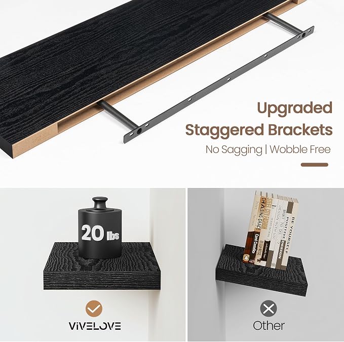 Vivelove Floating Shelves 16 Inch, Wall Shelves Over Toilet with Invisible Brackets for Bathroom Living Room Kitchen Bedroom Office Farmhouse Home Decor, 16" X 9.3" X 1.5" - Set of 2, Black