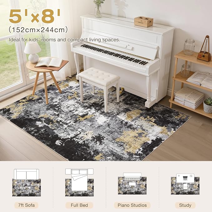 Abstract 5x8 Area Rug: Machine Washable Non Slip Ultra Thin Low-Pile Carpet, Soft Stain Resistant for Living Room Bedroom Nursery, Kid Pet Friendly, Robot Vacuum Compatible - Black Gold
