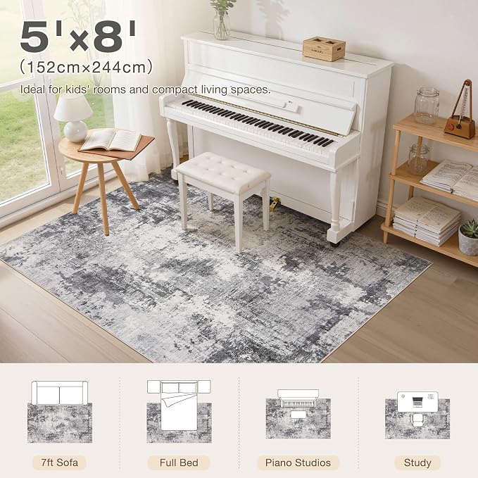 Abstract 5x8 Area Rug: Machine Washable Non Slip Ultra Thin Low-Pile Carpet, Soft Stain Resistant for Living Room Bedroom Nursery, Kid Pet Friendly, Robot Vacuum Compatible - Grey